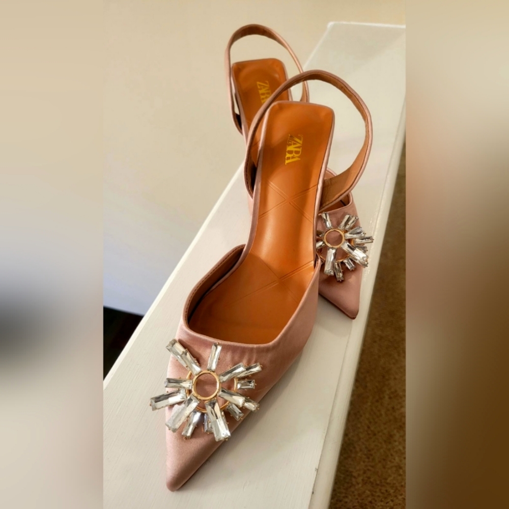 Zara Blush Satin Slingback Heels with Crystal Sunburst